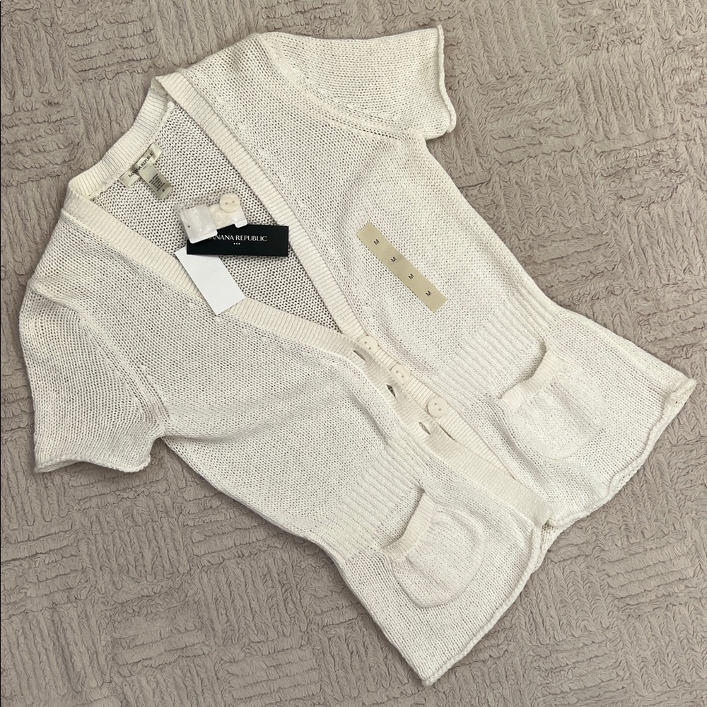 White Short Sleeve Cardigan cotton linen blend Size Medium, New - Picture 8 of 16